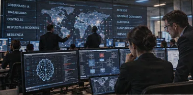 Equipo de seguridad observando un centro de operaciones